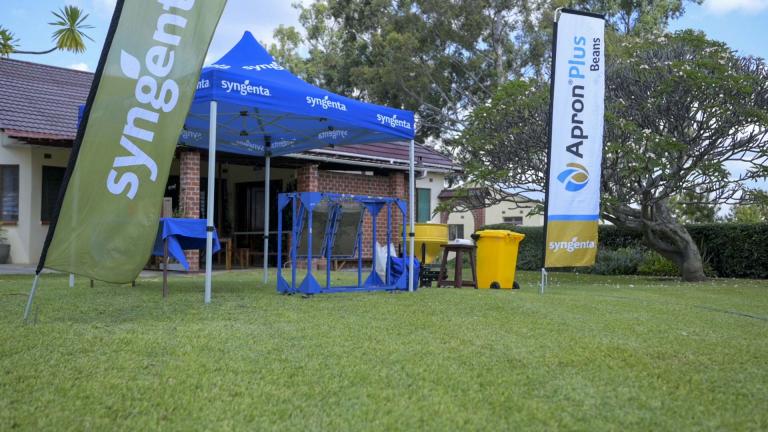 A blue syngenta Gazebo next to an Apron Plus Beans Flag infront of a building